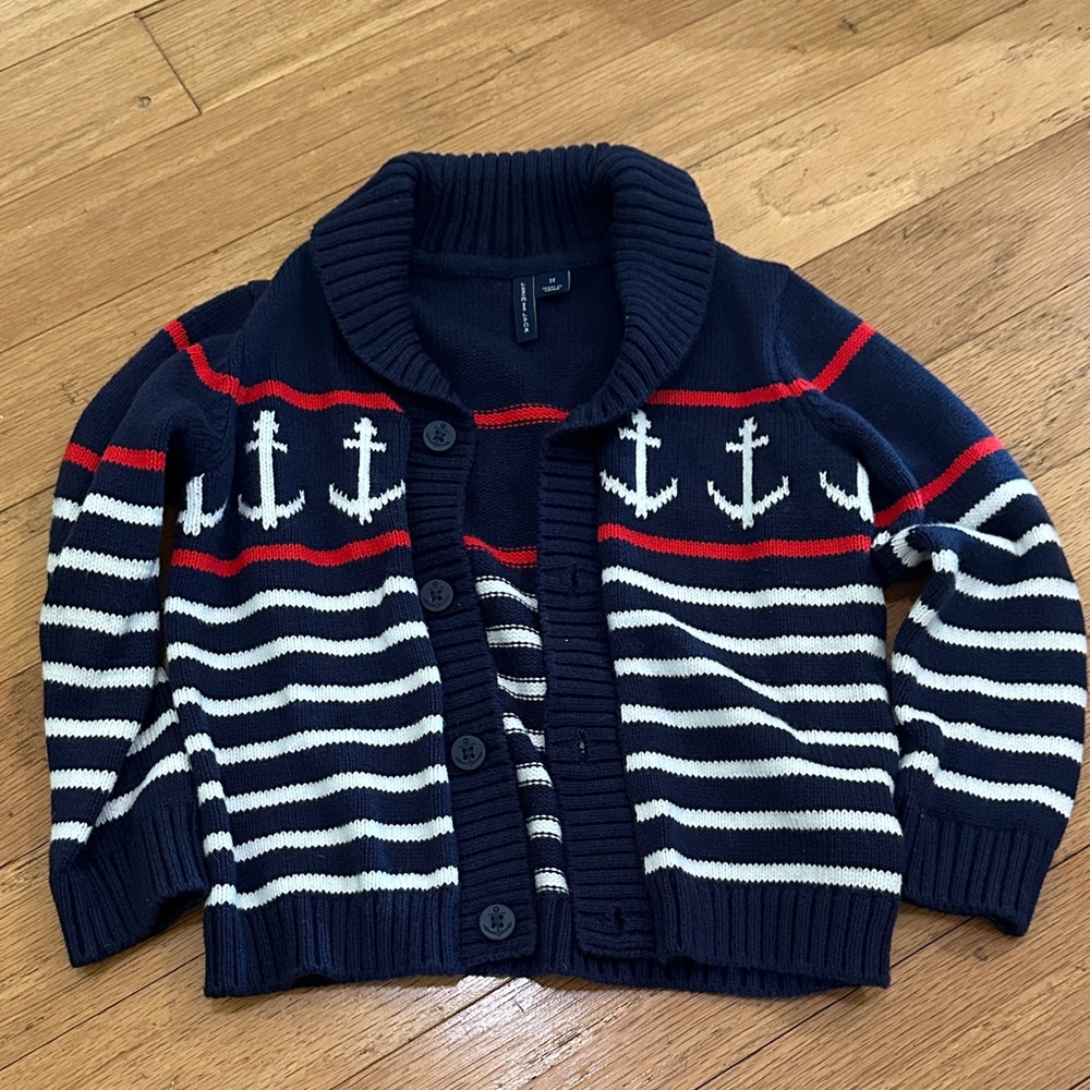 Janie and Jack Navy, White & Red Anchor Stripe Cardigan Sweater